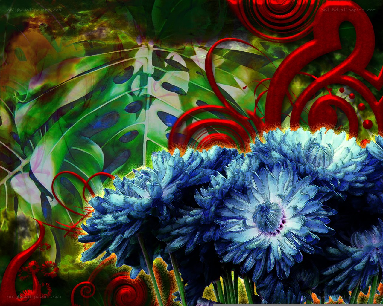 Blue flowers with green leaves