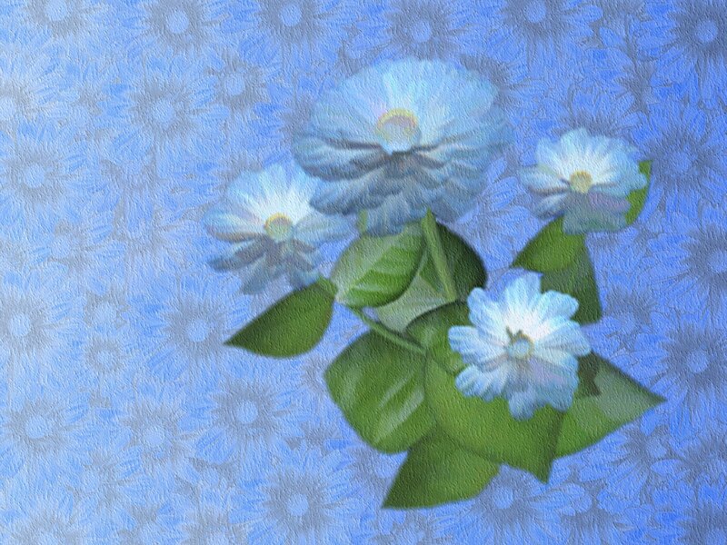 Blue Flowers with Green Leaves — Calm, Digital Art, Patterned Background
