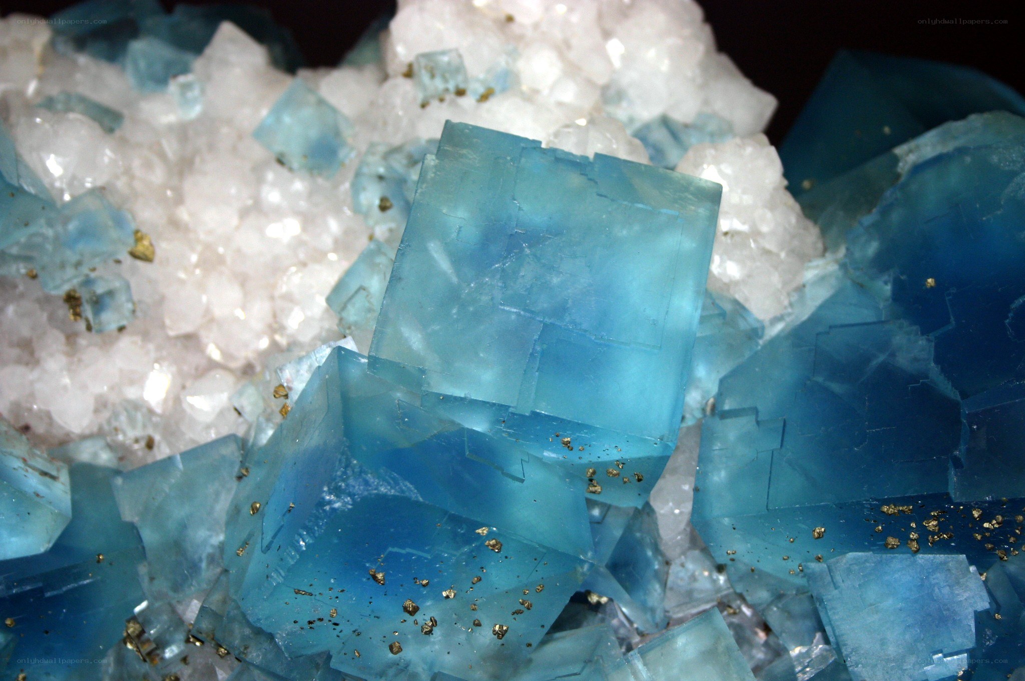 blue fluorite crystals with pyrite