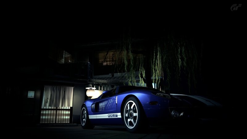 Blue Ford GT at night