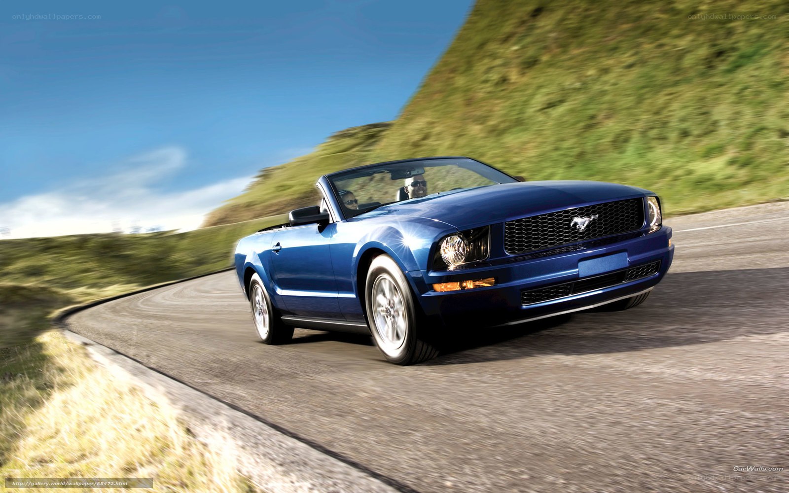 Blue Ford Mustang convertible on road