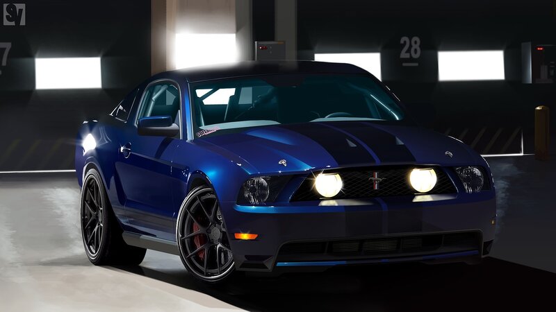 Blue Ford Mustang — Dramatic, Night, Digital Art