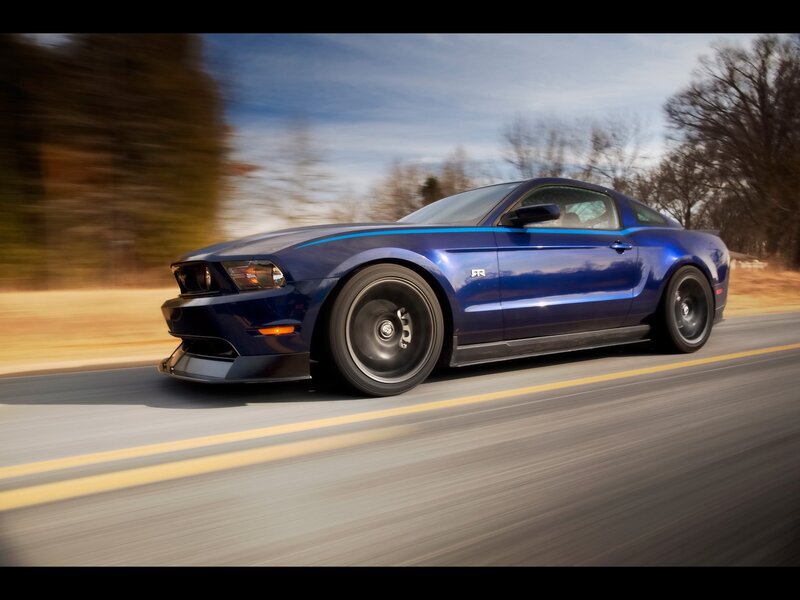 Blue Ford Mustang — Dynamic, Afternoon, Photograph, Car, Road, Trees, Black, Gray