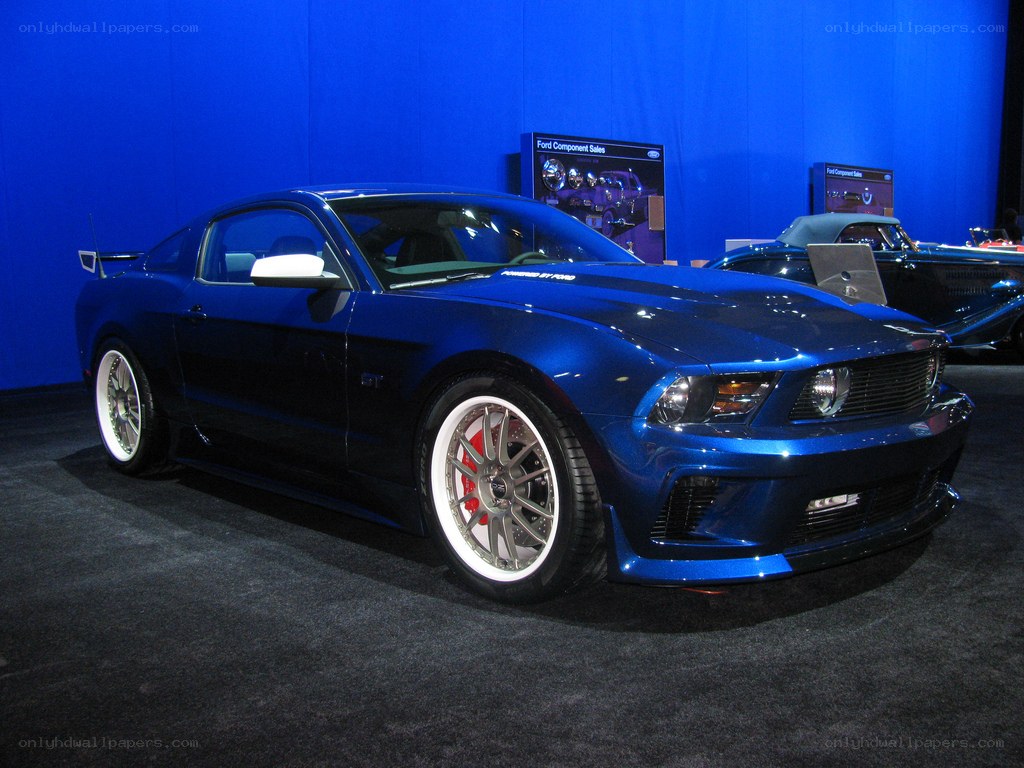 Blue Ford Mustang GT on display