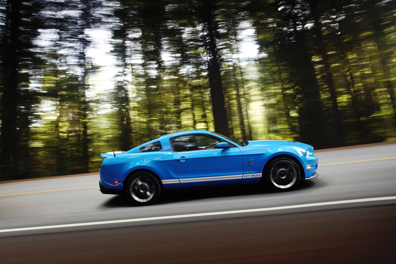 Blue Ford Mustang GT500 in motion