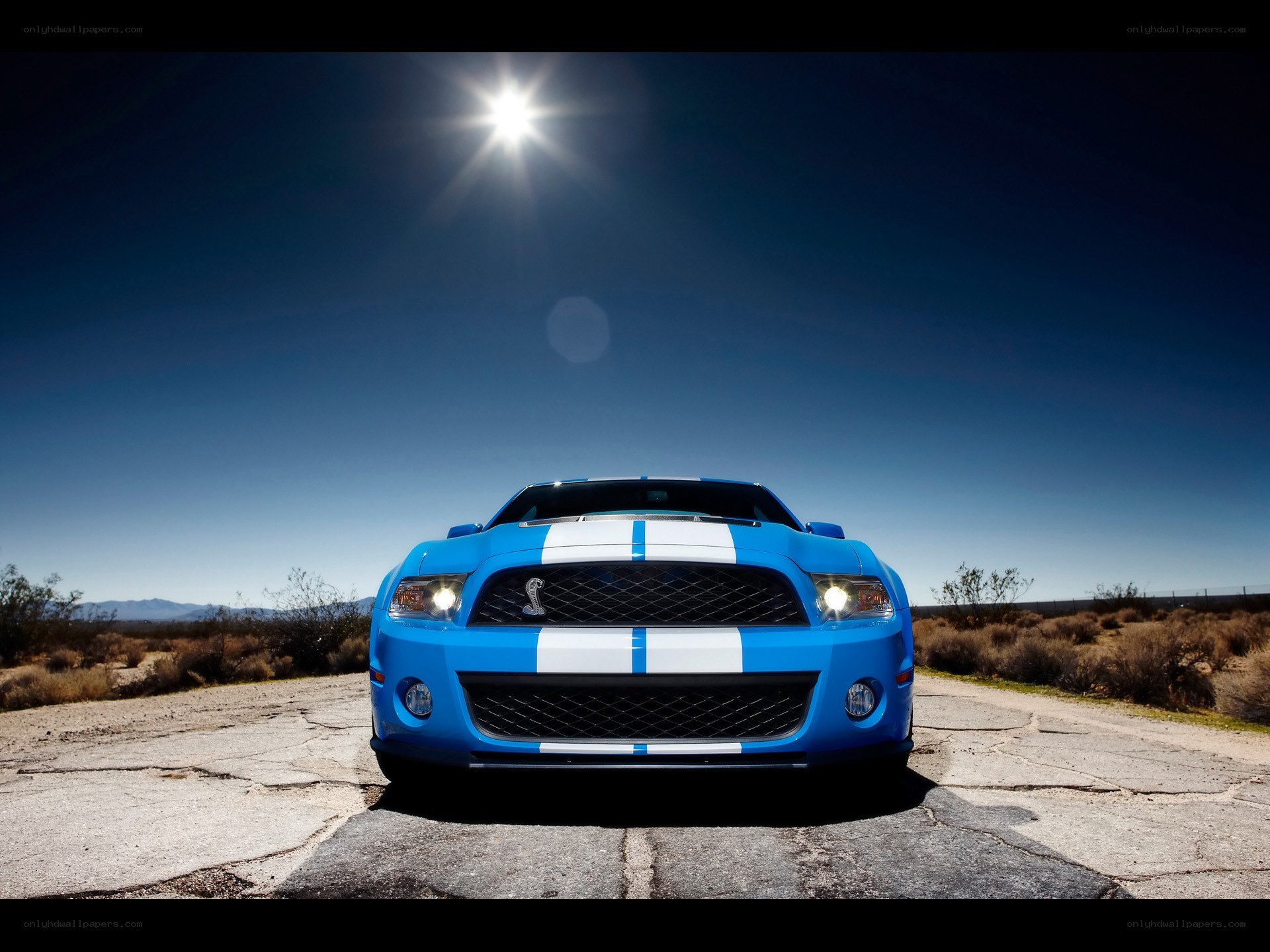 Blue Ford Mustang in desert