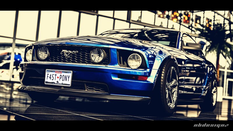 Blue Ford Mustang in showroom