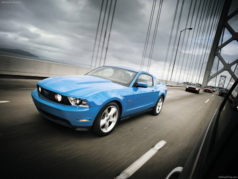 Blue Ford Mustang on a bridge