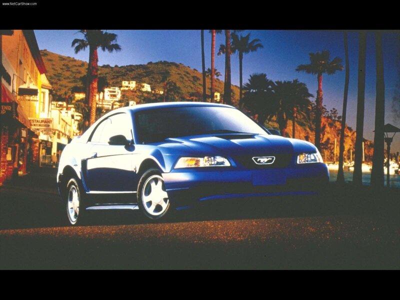 Blue Ford Mustang on a coastal street