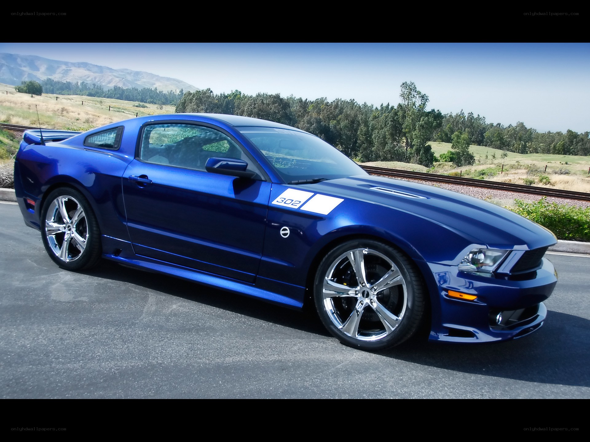 Blue Ford Mustang on a road