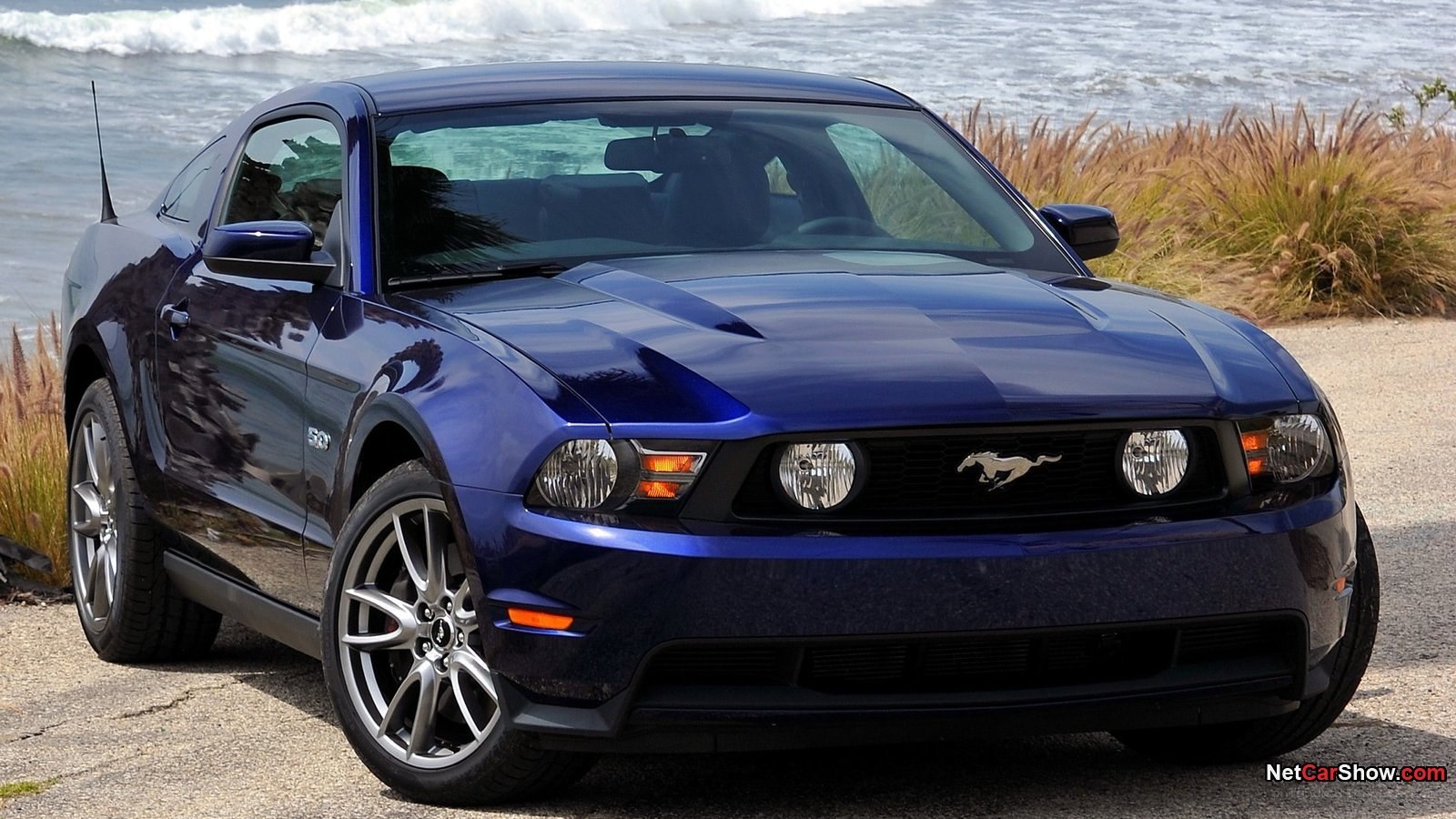 Blue Ford Mustang on beach