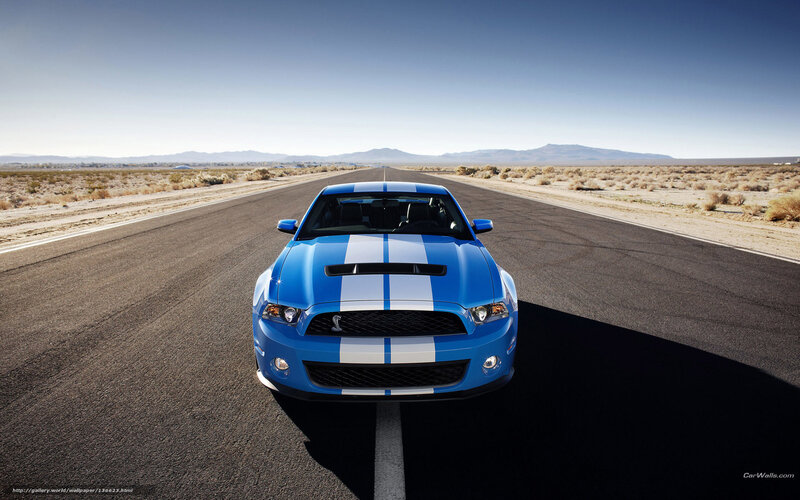 Blue Ford Mustang on desert road