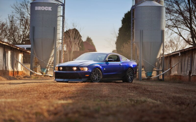 Blue Ford Mustang on farm