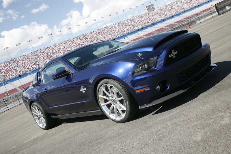 Blue Ford Mustang on racetrack