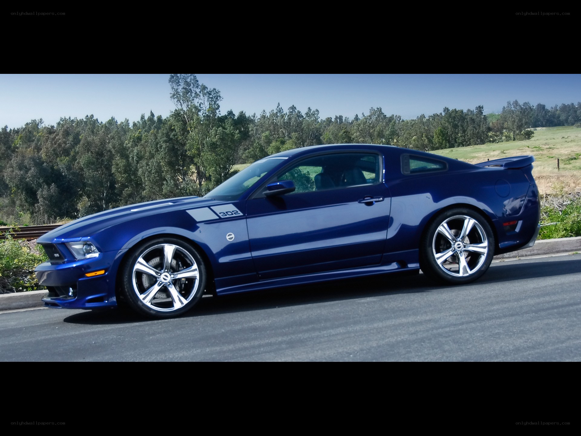 Blue Ford Mustang on road