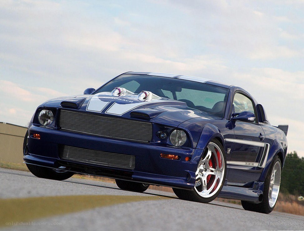 blue ford mustang on road