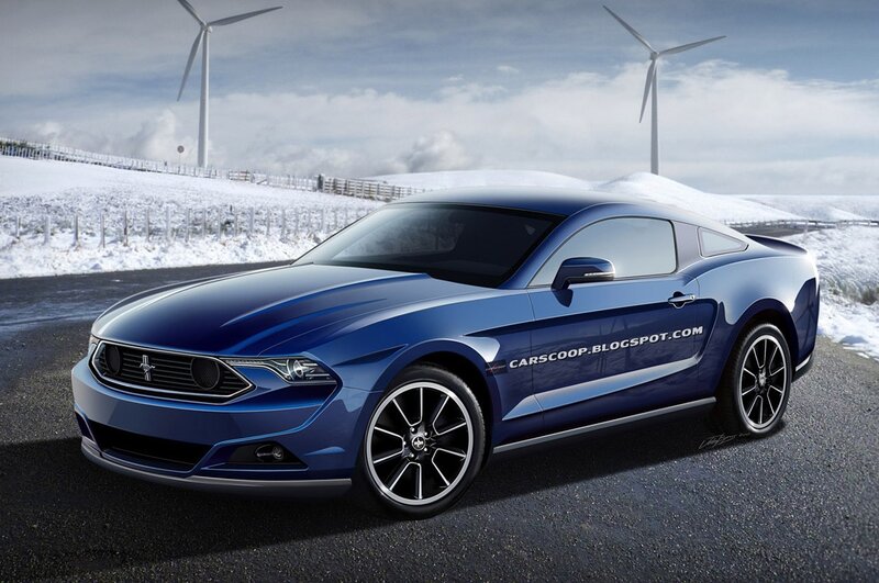 Blue Ford Mustang on snowy road