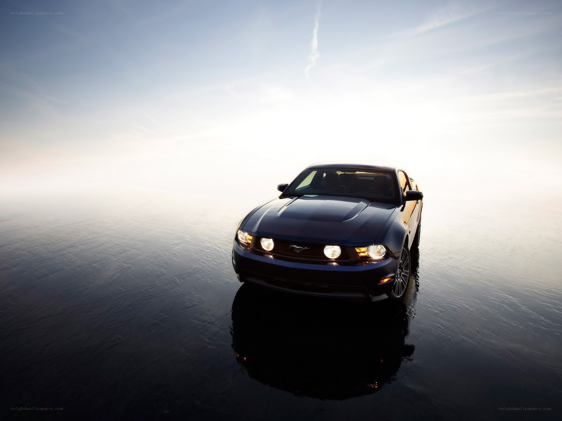 Blue Ford Mustang on wet surface