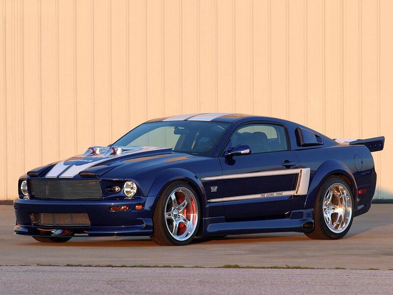 Blue Ford Mustang with racing stripes