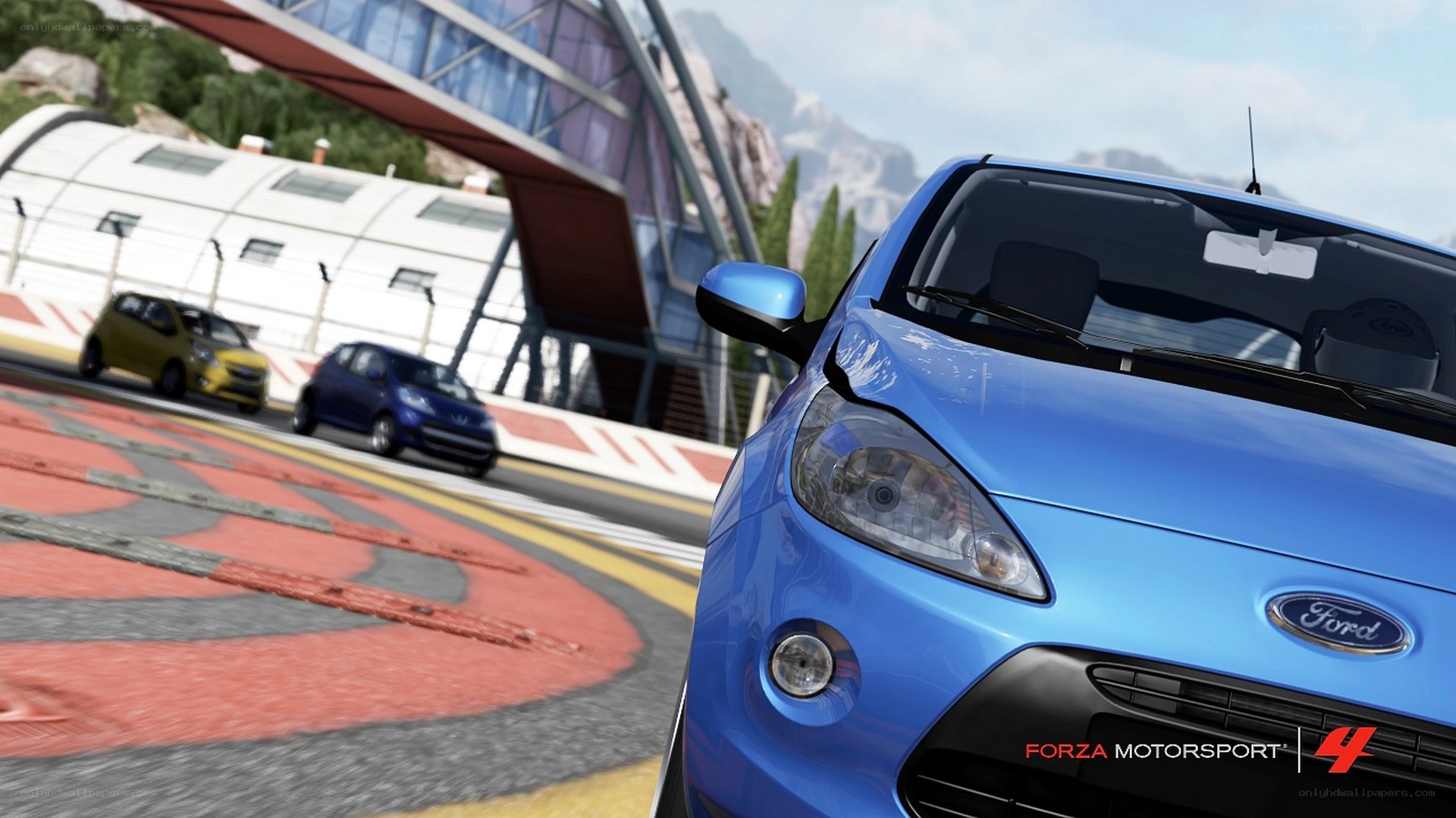 Blue Ford racing on track