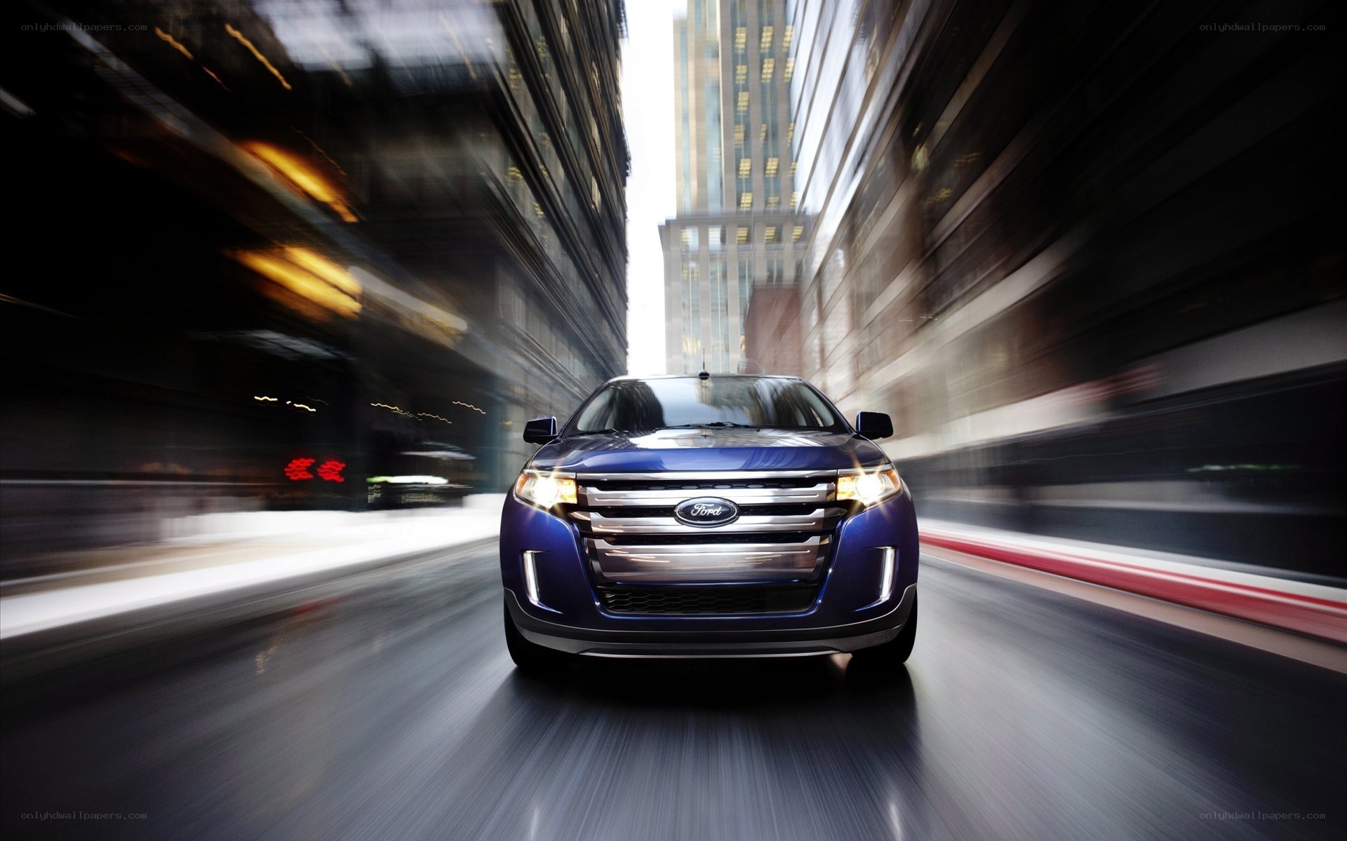 Blue Ford SUV in city