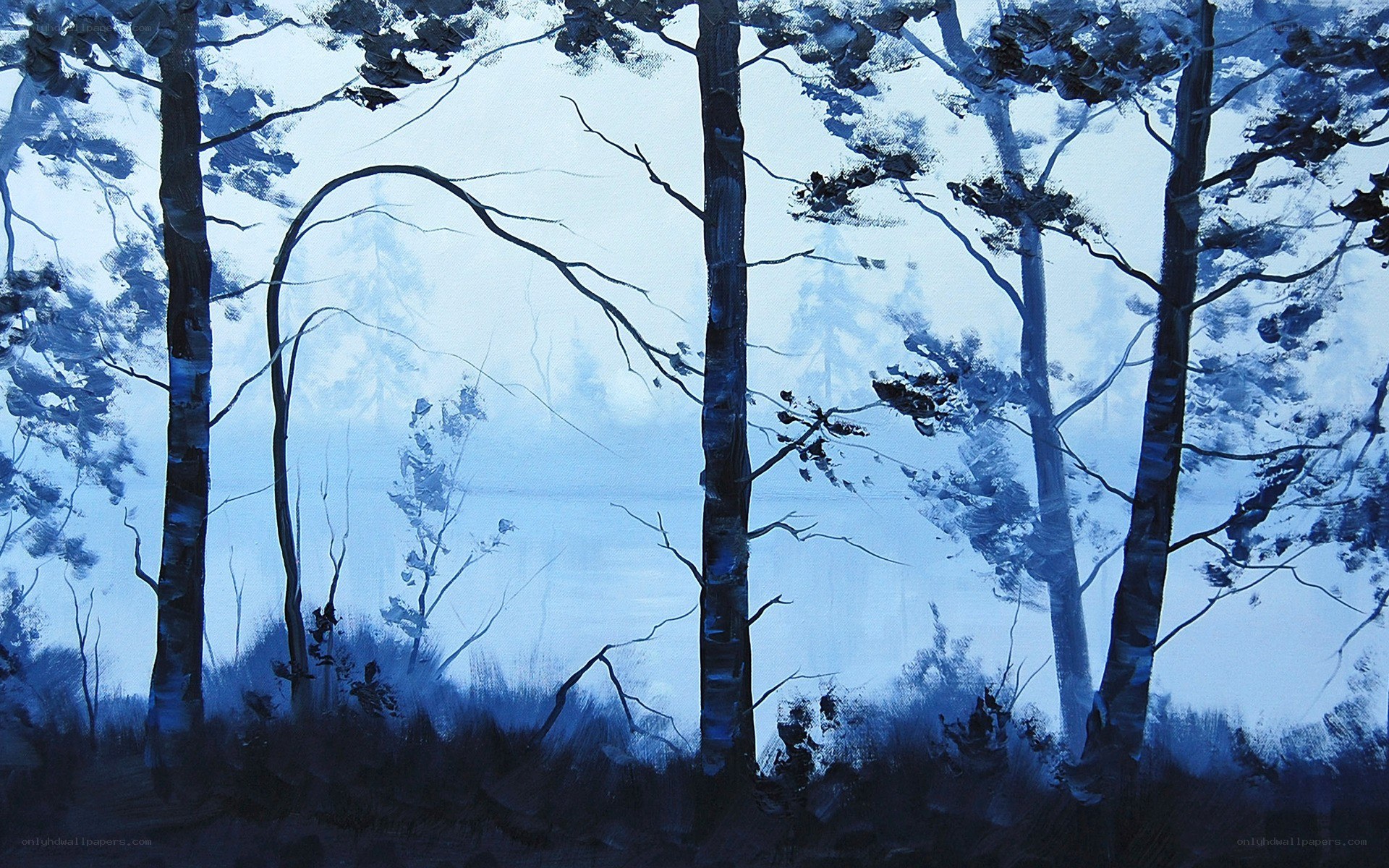 Blue forest landscape painting