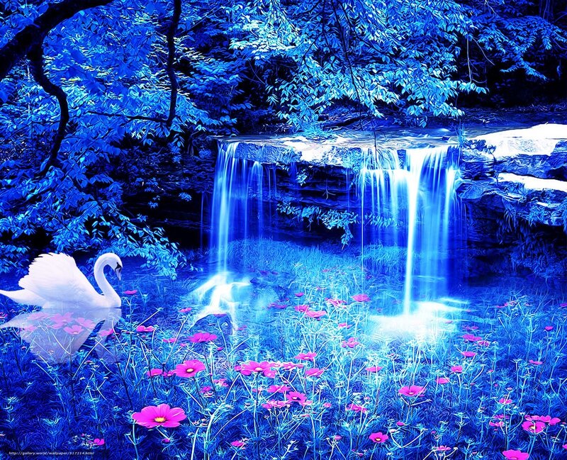 Blue Forest Waterfall Scene