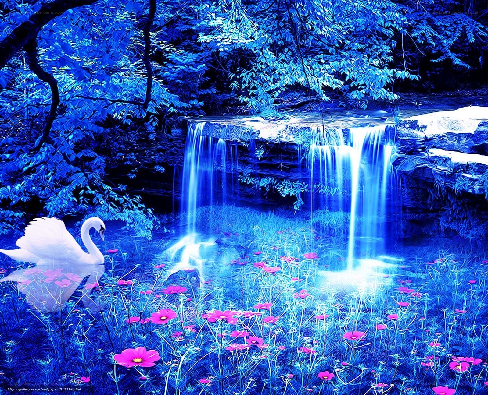 Blue Forest Waterfall Scene