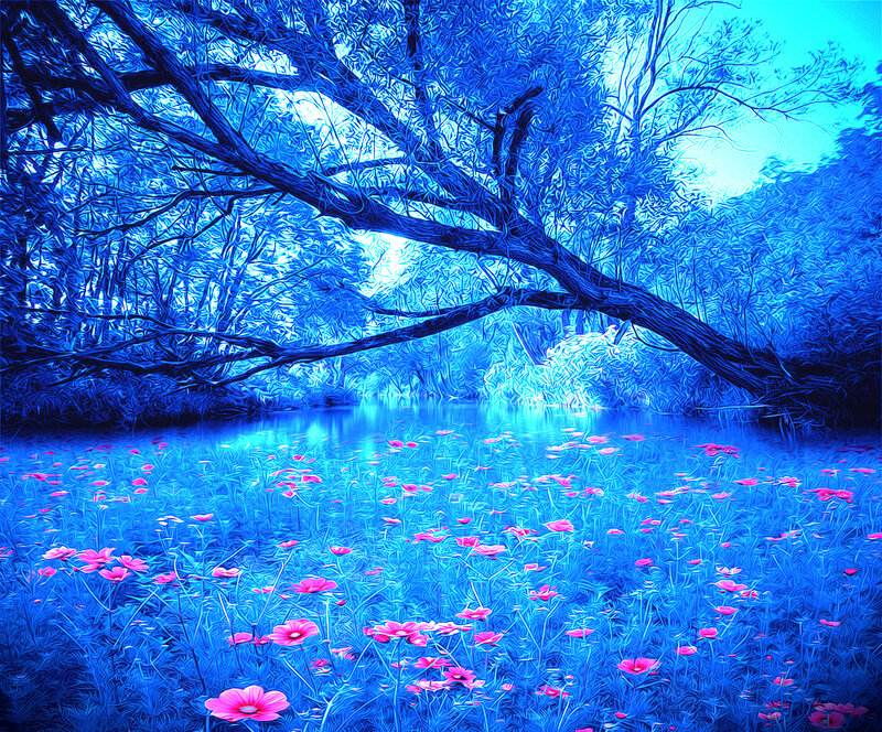 Blue Forest with Pink Flowers — Serene