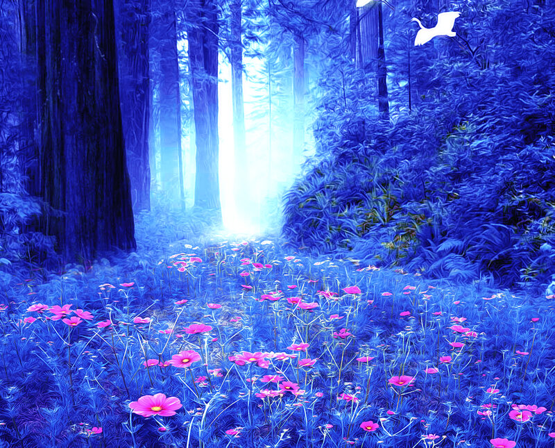 Blue Forest with Pink Flowers