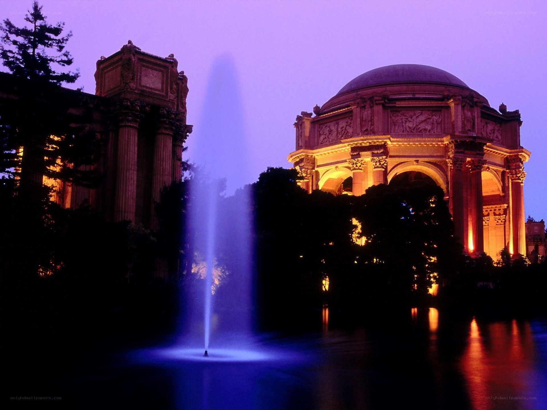 Blue fountain at dusk
