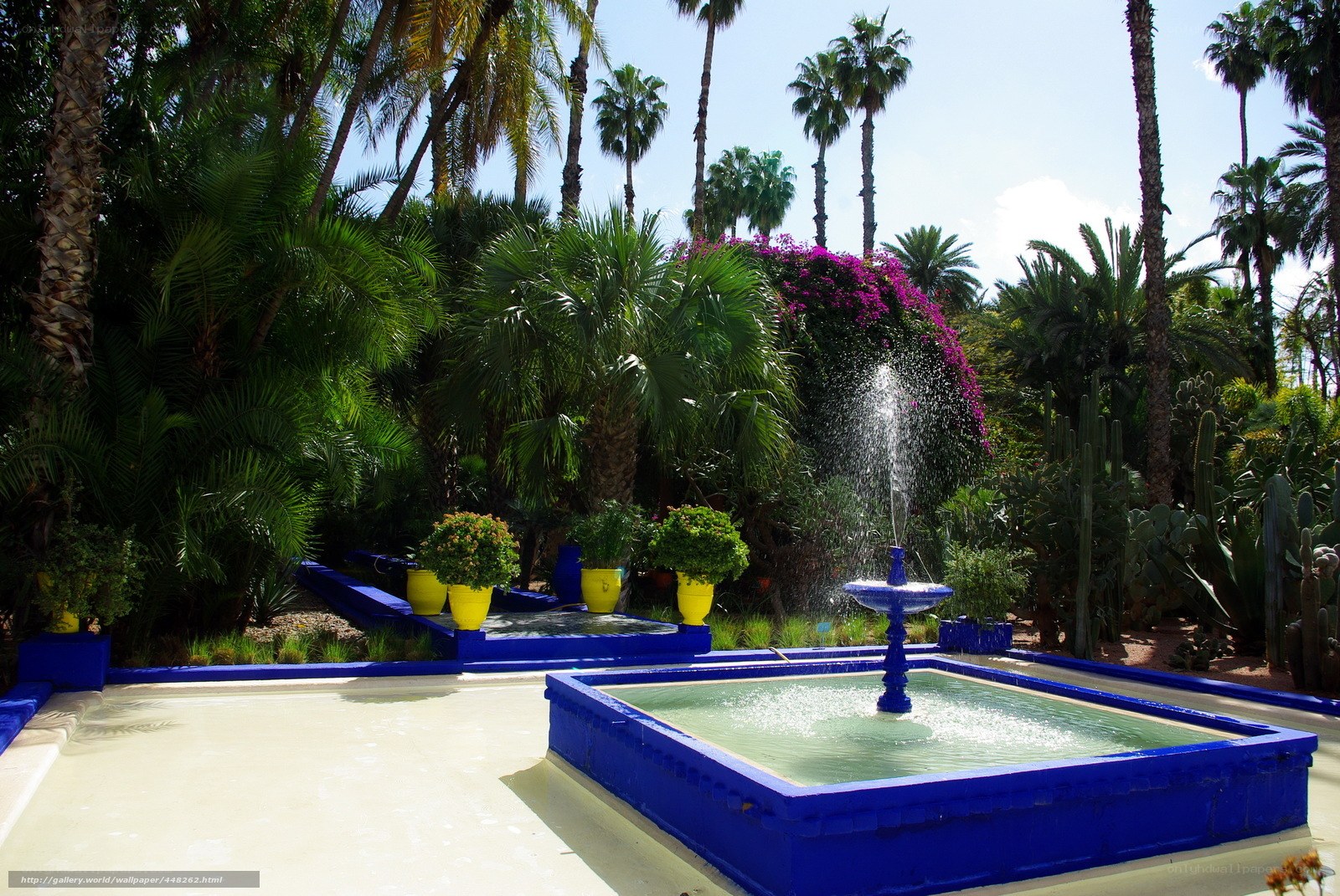 Blue fountain in tropical garden