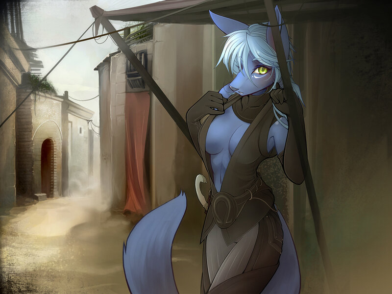 blue fox-like character in alley