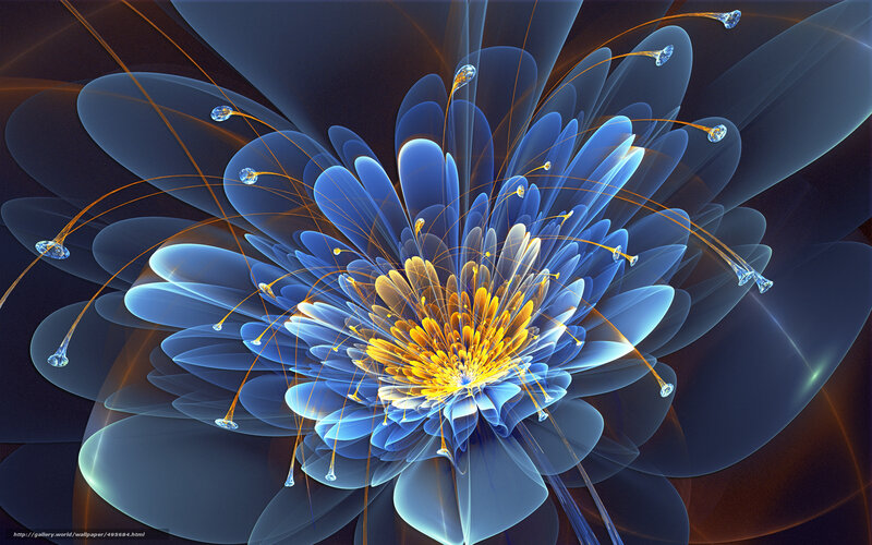 Blue Fractal Flower — Dramatic, Digital Art, Yellow Center