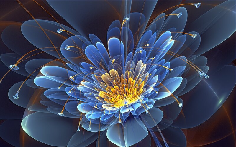 Blue Fractal Flower — Ethereal, Digital Art, Yellow Center