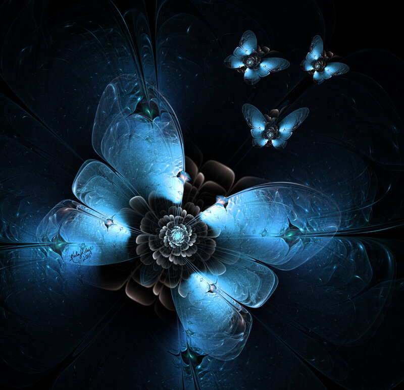 Blue Fractal Flower — Ethereal, Night, Digital Art, Butterflies