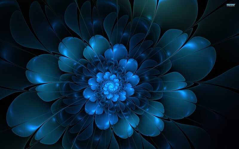 Blue Fractal Flower — Serene, Digital Art, Petals, Center, Black