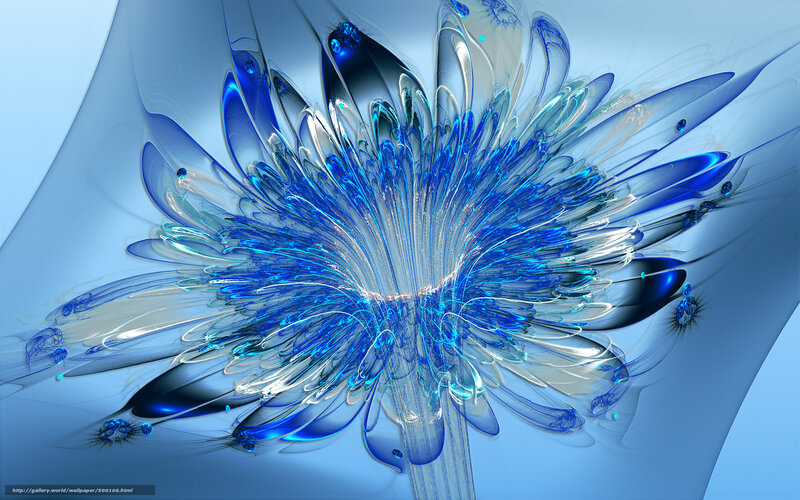 Blue Fractal Flower — Serene, Digital Art, Petals, Center, Stem