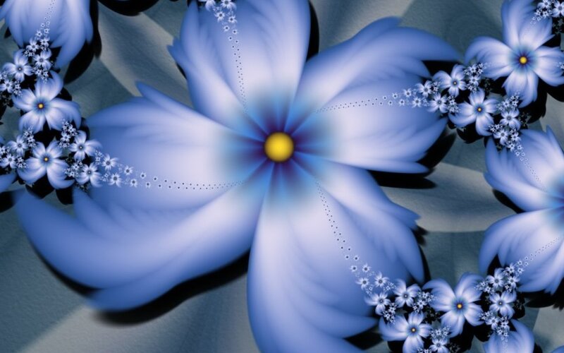 Blue Fractal Flower — Serene, Digital Art, Yellow Center