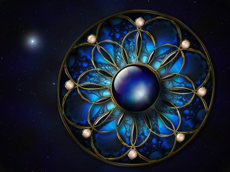 blue fractal mandala with pearls