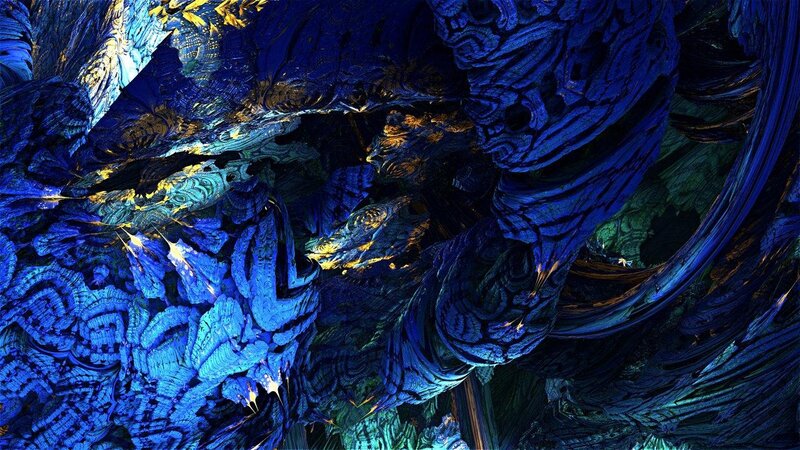 Blue Fractal Patterns — Dramatic, Digital Art, Gold Accents