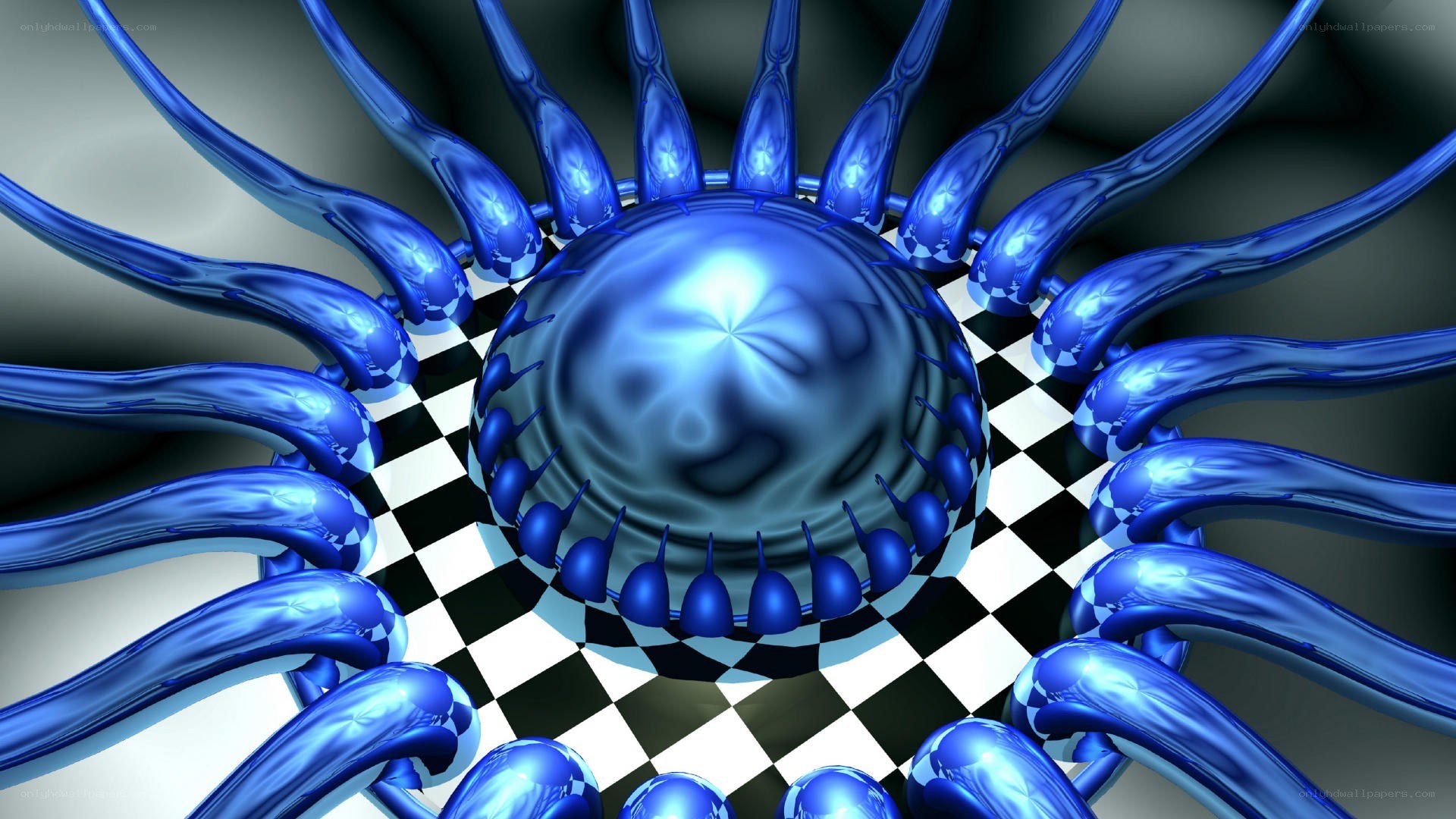Blue fractal sphere on checkered floor