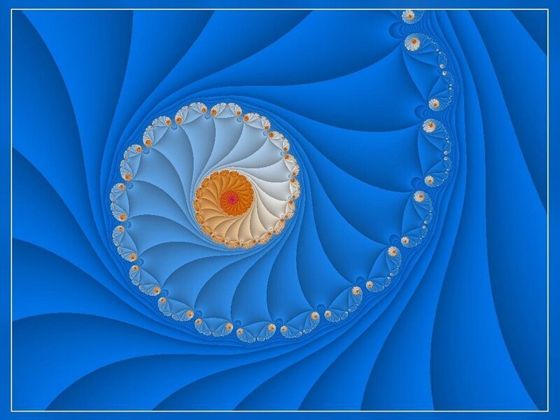 Blue Fractal Spiral — Hypnotic, Digital Art, Orange Center