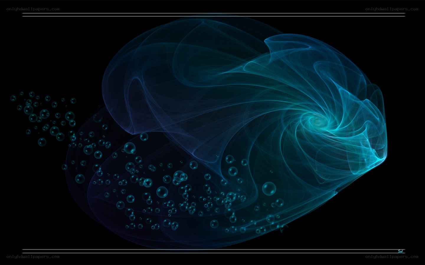 Blue fractal spiral with bubbles