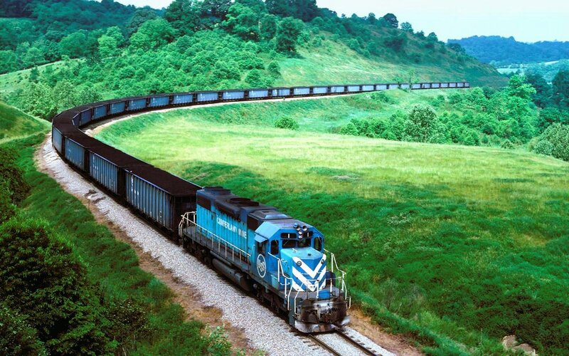 Blue Freight Train — Green, Serene, Afternoon