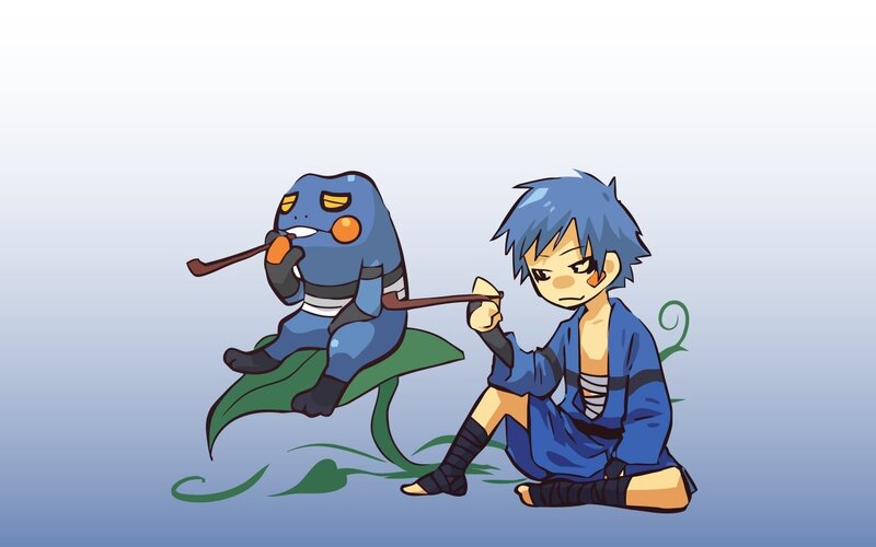 blue frog and boy on leaf