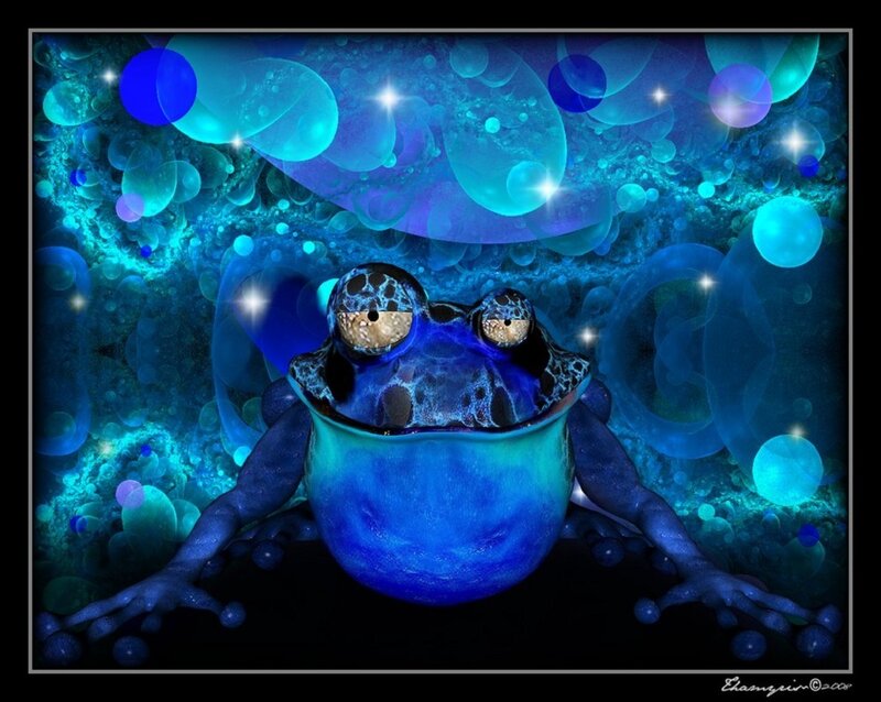 Blue Frog in Bubbles