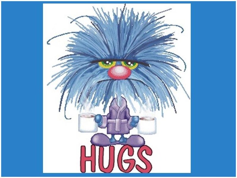 blue furry character with hugs