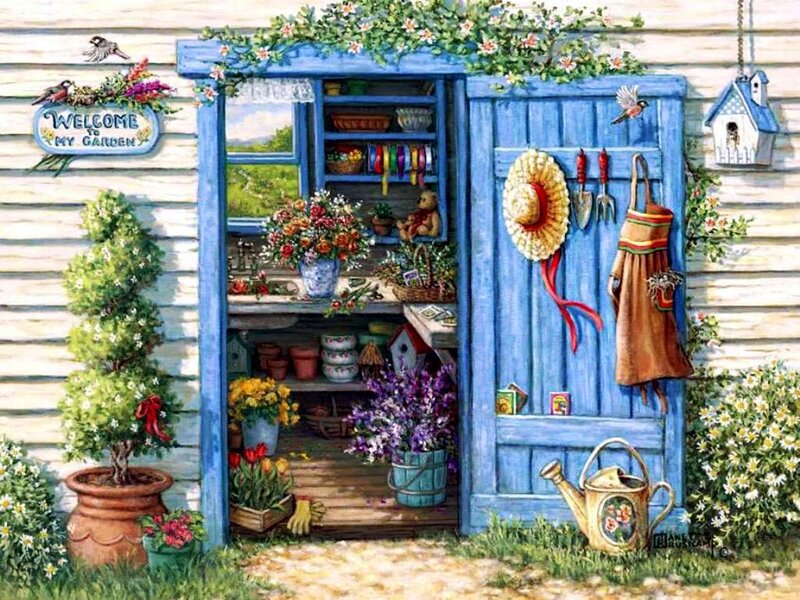 Blue Garden Shed — Serene, Spring