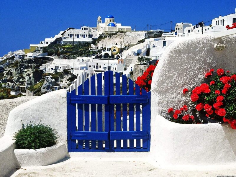 Blue gate in Santorini village